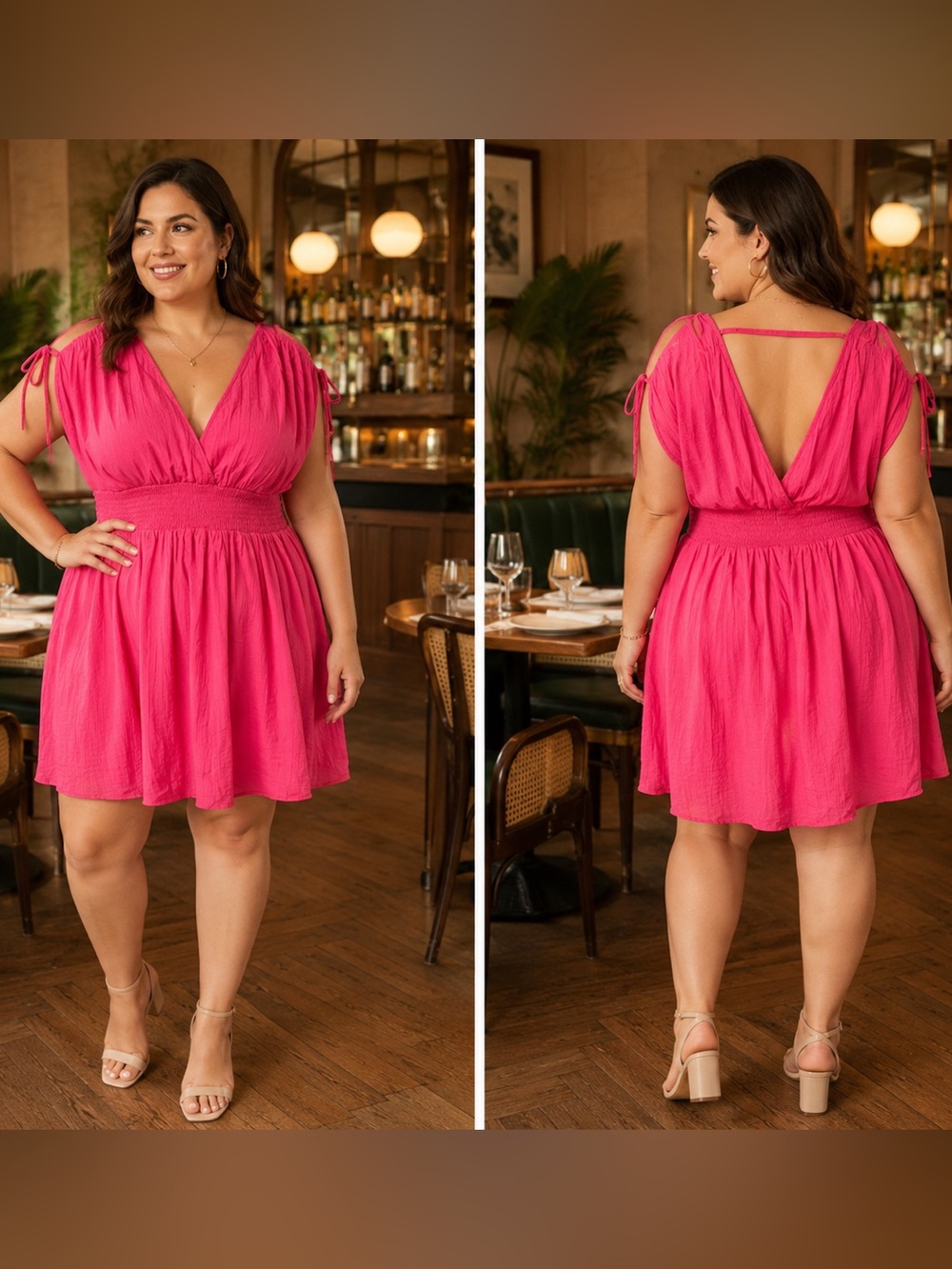 Forever 21 Hot Pink V-Neck Smocked Waist Mini Dress